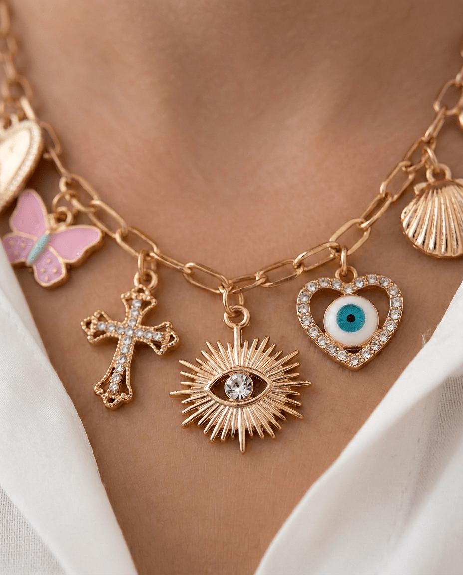 Close‑up of Frosted Feminine Love & Luck Charm Necklace with delicate gold charms on a dainty chain